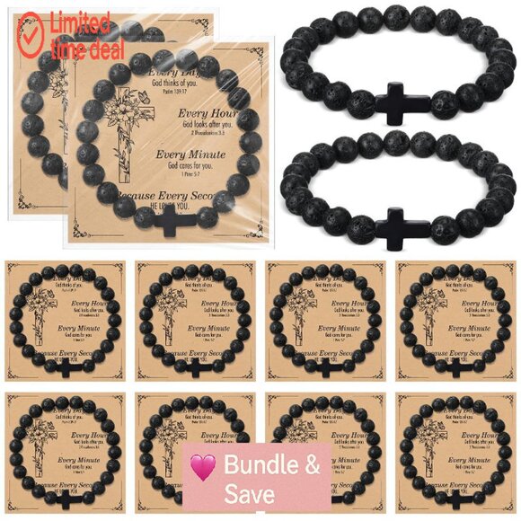 12 Natural Stone Cross Bracelets Set Christian Gift Stretch Fit - Picture 1 of 8